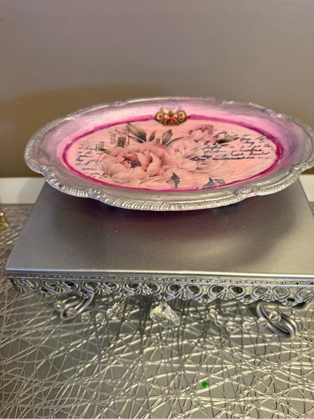 Pink Floral Oval Decorative Tray with Silver Border